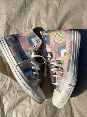Converse High Top Sneakers in Pink, Blue, Green & White Geometric Print 9.5W